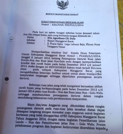 Surat yang diduga dibuat oleh Bupati Manggarai Barat Agustinus Ch Dula, terkait status darurat bencana alam 