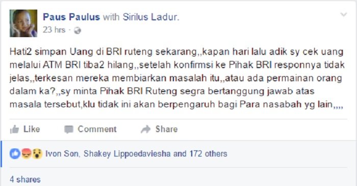 Status Paulus di akun Facebook-nya