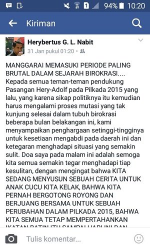 Cuplikan satus facebook Hery GL Nabit