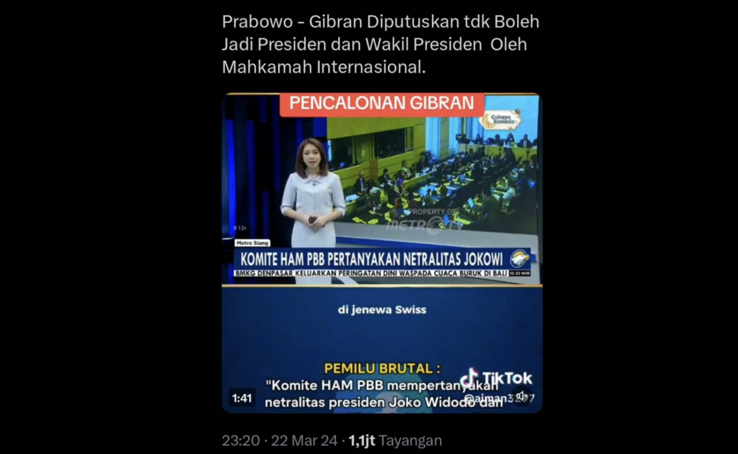 Tangkapan layar informasi hoaks bahwa Mahkamah Internasional menyakatakan Prabowo-Gibran tidak boleh jadi presiden dan wakil presiden Indonesia